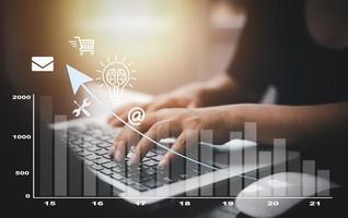 planning and strategy, Stock market, Business growth, progress or success concept. man with trader is showing a growing virtual hologram stock, invest in trading, analytics and financial concept photo