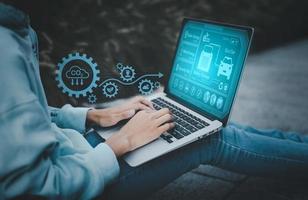 Man using laptop with global network connection with virtual modern reduce CO2 emission concept with icons, global warming emissions carbon footprint climate change to limit global warming, energy photo