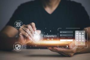 Hand touch fingerprint with virtual global with cyber security, Login, User, identification information security and encryption, secure access to users personal information, secure Internet access, photo