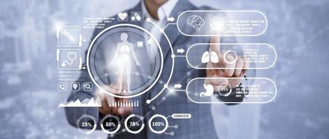 Businessman hand Touch DNA graph and biochemical research scientist working with a microscope, human dna detection graph, Checking for abnormalities in the body,science and experiment photo