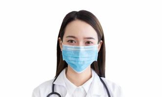 Professional Asian young woman doctor wear a Surgical mask to protect coronavirus and germs. Banner panorama medical staff preventive gear isolated on white background.. photo