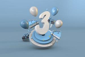 Number 3 a blue birthday celebration. 3d render photo