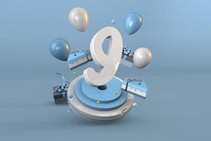 Number 9 a blue birthday celebration. 3d render photo