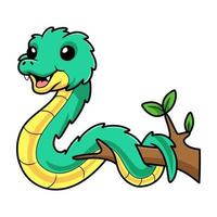 Cute green spiny bush viper cartoon on tree branch vector