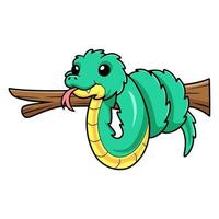 Cute green spiny bush viper cartoon on tree branch vector