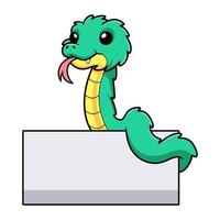 Cute green spiny bush viper cartoon with blank sign vector