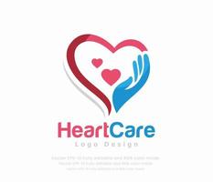 Heart care logo design with a heart and a hand vector