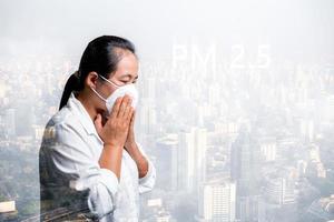 Woman wearing N95 PM 2.5 respiratory protection mask against air pollution and dust particles exceed safety limits. Healthcare, environmental, ecology concept. Allergy, headache. air danger in city. photo