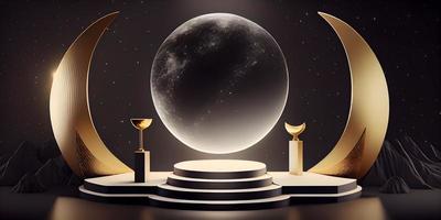 Luxury Product Background with Black Moon Pedestal on Universe Backdrop photo