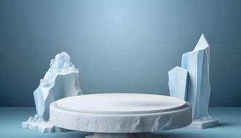 Winter-themed 3D background with empty ice podium for product display photo