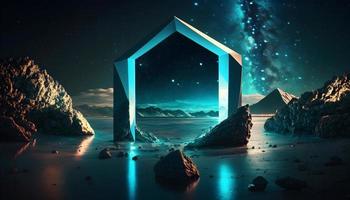 Minimalist abstract neon background with rhombus geometric shape, square frame, and water reflection under the night sky. Futuristic 3D wallpaper photo