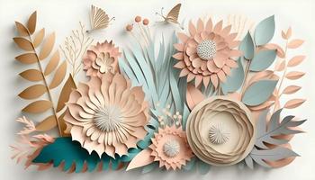 3D abstract cut paper flowers in pastel colors, including roses, daisies, dahlias, and butterflies, on a white background photo