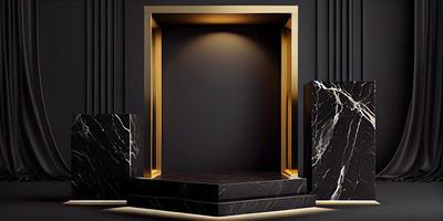 Black Marble Floor Texture Background and Luxury Product Stage Stand on Blank Dark Studio Interior Design Backdrop photo