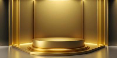 Premium Gold Satin Podium on Abstract 3D Stage Scene with Empty Display Stand and Luxury Decoration for Fashion Presentations and Product Showcases photo