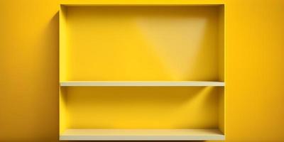 Front View of Empty Shelf on Vivid Yellow Wall Background with Modern Minimal Concept photo