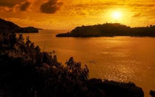 dorado hora puesta de sol con mar y isla foto