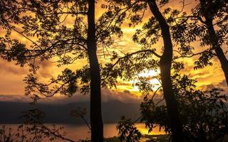 Golden hour sunset panorama with lake overview and silhouette of trees photo