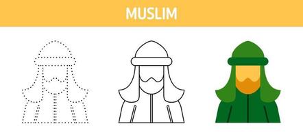 Muslim tracing and coloring worksheet for kids vector