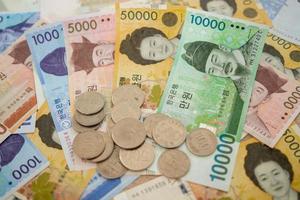 bancos y monedas de el won divisa. el moneda de sur Corea es usado para Finanzas y fondos de pantalla foto