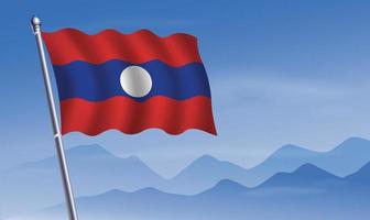 Laos bandera con antecedentes de montañas y cielo vector