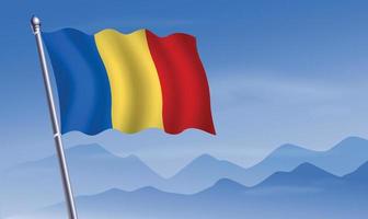 Rumania bandera con antecedentes de montañas y cielo vector