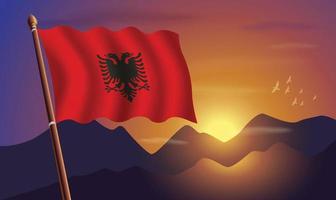Albania bandera con montañas y puesta de sol en el antecedentes vector