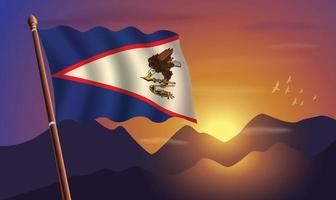 americano Samoa bandera con montañas y puesta de sol en el antecedentes vector
