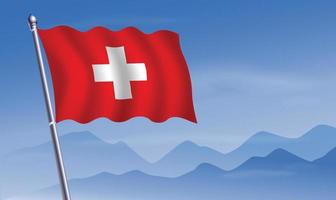 Switzerland flag with background of mountains and sky vector