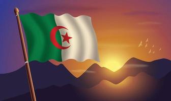 Algeria flag with mountains and sunset in the background vector