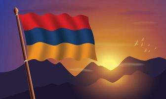 Armenia bandera con montañas y puesta de sol en el antecedentes vector