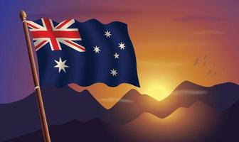 Australia flag with mountains and sunset in the background vector