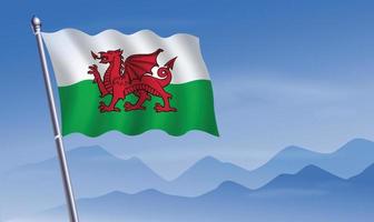 Wales flag with background of mountains and sky vector