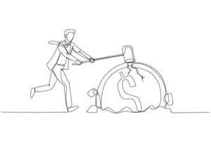 Drawing of businessman hit dollar coin into the ground. Concept of safing money. Continuous line art vector