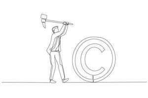 Drawing of businessman with hammer try to smash COPYRIGHT sign. Concept of copyright infringement. Continuous line art style vector