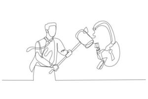 Illustration of businessman with hammer smash padlock. Concept of problem solving. Single line art style vector