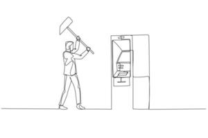 Cartoon of businessman with hammer try to smash ATM machine. Concept of illegal earning. Single line art style vector