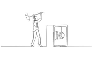 Illustration of businessman try to break safety deposit box with hammer. Concept of crime. Single continuous line art style vector