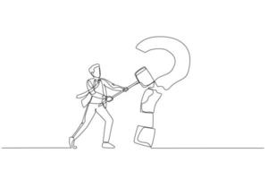 Drawing of businessman with hammer hit question mark sign. Concept of problem solving. Single continuous line art vector