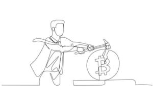 Cartoon of businessman with hammer smashing bitcoin coin. Concept of downfall of cryptocurrency. One continuous line art style vector