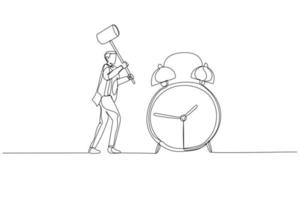 Illustration of businessman with hammer try to break alarm clock. Concept of deadline. Single line art style vector