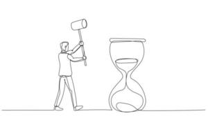 Drawing of businessman with hammer try to hit hourglass. Concept of time management. Single continuous line art style vector