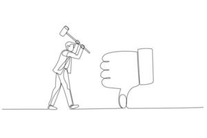 Cartoon of businessman with hammer try to smash thumb down mark. Concept of business feedback. One line art style vector