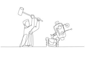 Drawing of businessman destroying robot with hammer. Concept of human resource vs AI artificial Intelligence. Continuous line art vector