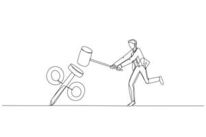 Drawing of businessman using hammer smash the percentage sign to the floor. Concept of interest rate. Single continuous line art style vector