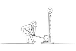 Illustration of businesswoman hitting strength measurement tool. Concept of power estimation. Single continuous line art style vector