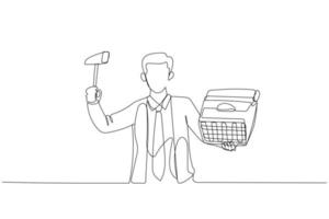 Drawing of businessman holding hammer ready to smash typewriter. Concept of deadline stress. Continuous line art style vector