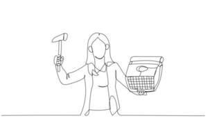 Cartoon of businesswoman holding hammer ready to smash typewriter. Concept of deadline stress. Single line art style vector