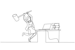 Drawing of businesswoman hitting computer. Concept of frustation at work. One line art style vector