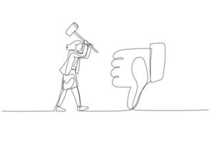 Illustration of businesswoman with hammer try to smash thumb down mark. Concept of business feedback. Continuous line art style vector