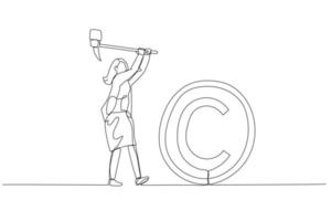 Illustration of businesswoman with hammer try to smash COPYRIGHT sign. Concept of copyright infringement. Single continuous line art style vector
